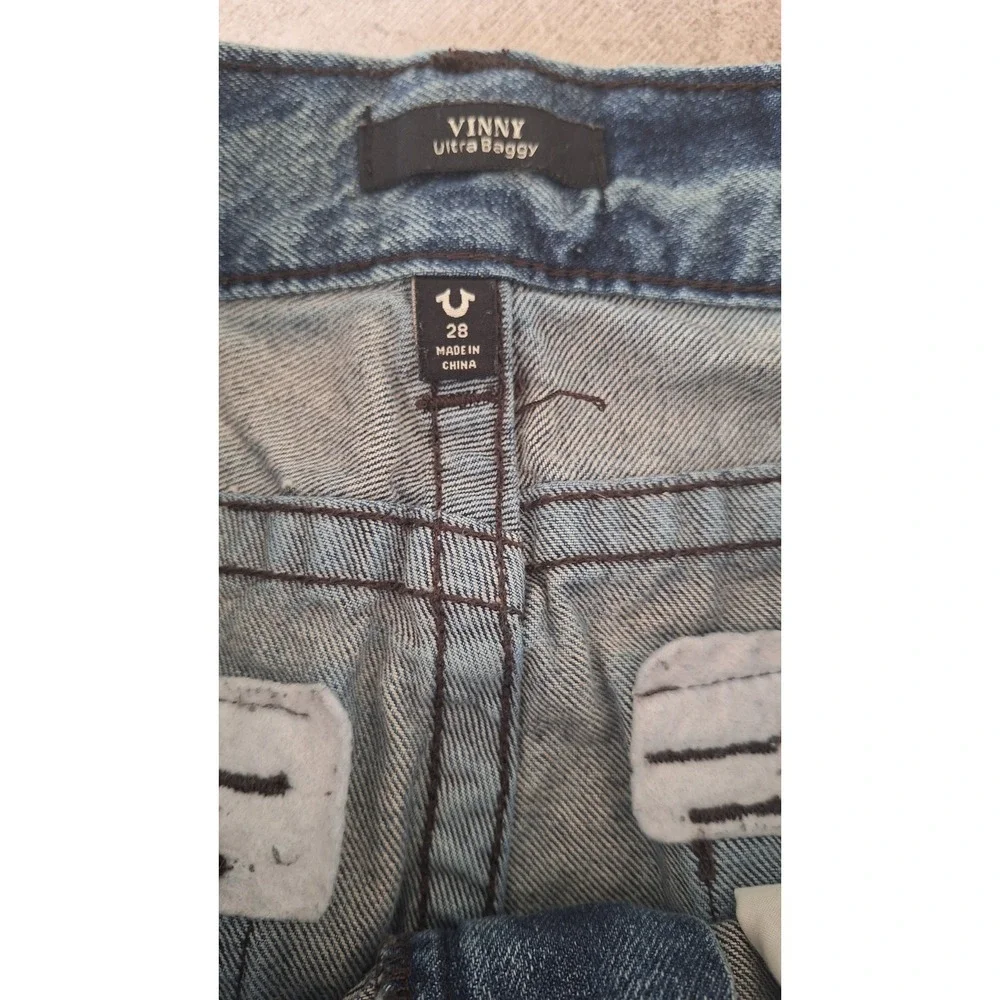 True Religion Vinny Ultra Baggy Jeans Blue Distressed Wide Leg Mens 28 x 29